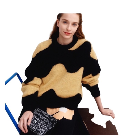 Marimekko Disjunktio Lokki Alpaca Wool Blend Knit Sweater XS Wavy Pattern